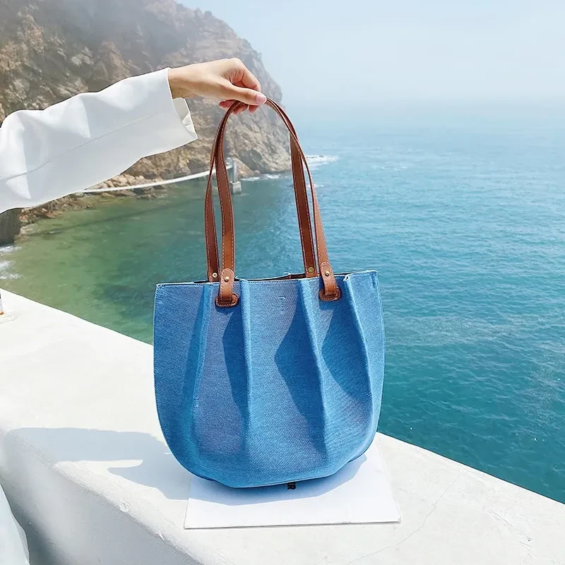 New Fashion Canvas Denim Pleated Tote Shoulder Bag