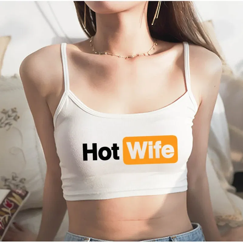 Color: Brown, Size: L - Funny HOT WIFE Letters Print New Sexy Crop Top Summer Women's Sexy Elastic Cotton Camis Sleeveless Short Tank Top Bar Women