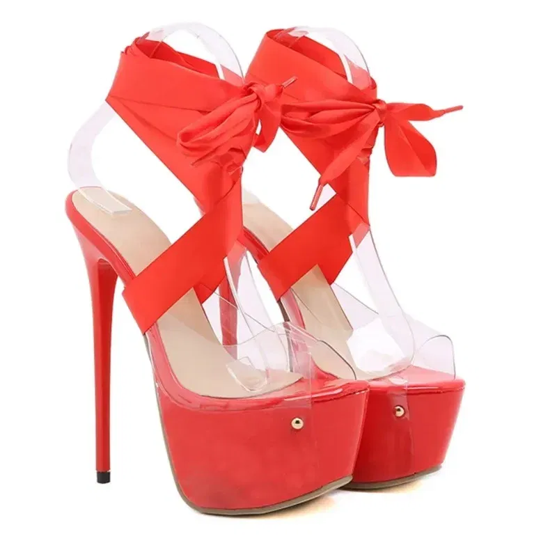 Color: black, Shoe Size: 35 - Black Sexy Thigh High Broad Band Strap Platform Sandals Women Transparent Peep Toe Club/Party Stripper 16CM Stiletto Shoes