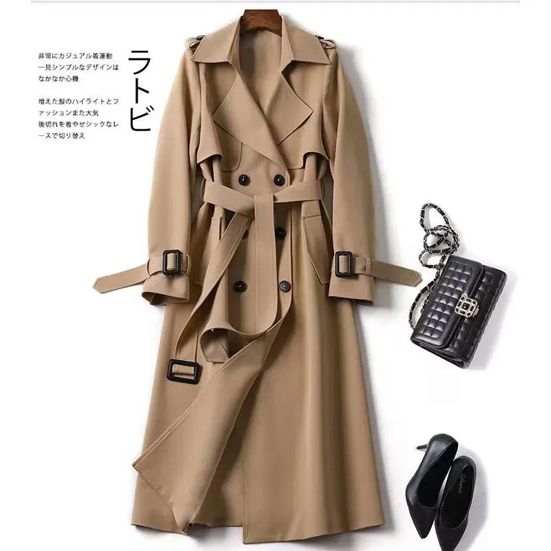 Color: Beige, Size: M - Autumn Winter Long Sleeve Trench Coat For Women 2024 Fashion Loose Office Lady Long Outerwears Jacket Coats Female Clothing