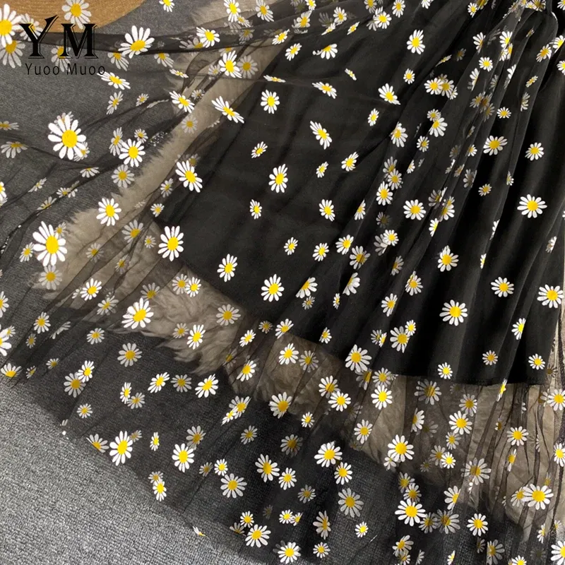 Color: black, Size: One Size - YuooMuoo Korean Fashion Daisy Flower Print Mesh Party Dress Summer Two Layers Spaghetti Strap Vacation Midi Dress Beach Vestidos