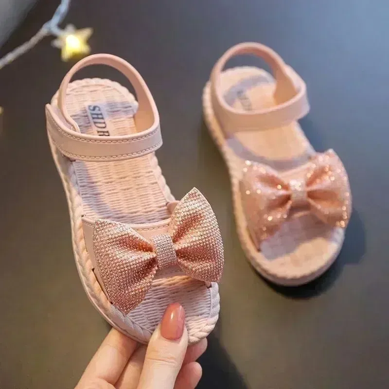 Color: black, Shoe Size: 3 - Girls Sandals 2024 Summer Princess Children Sandals Bow Tie Girl Shoes Fashion Casual Non Slip Kids Beach Shoes