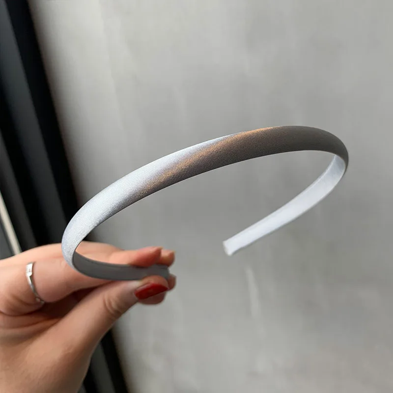Color: Light Grey - Red Blue Green Satin Headband for Women girls Kids Hair band Solid Color Thin Elastic Hair Hoop Accessories Headpiece