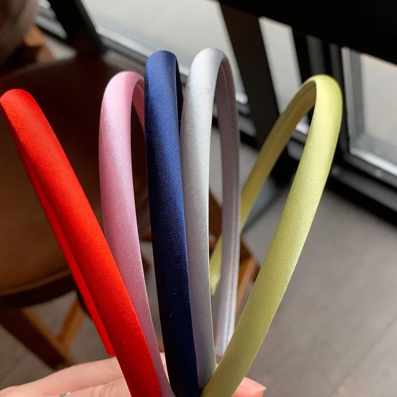 Color: Light Grey - Red Blue Green Satin Headband for Women girls Kids Hair band Solid Color Thin Elastic Hair Hoop Accessories Headpiece