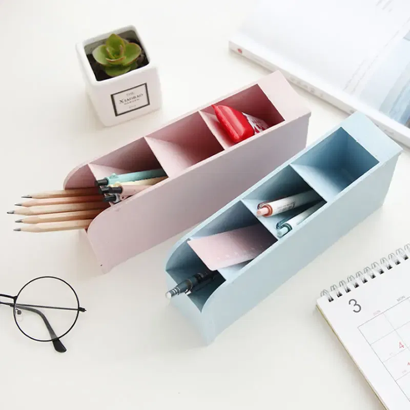 Color: plum - Multi-function 4 Grid Desktop Pen Holder Office School supplies Storage Case eco-friendly wheat straw Desk Pencil Organizer