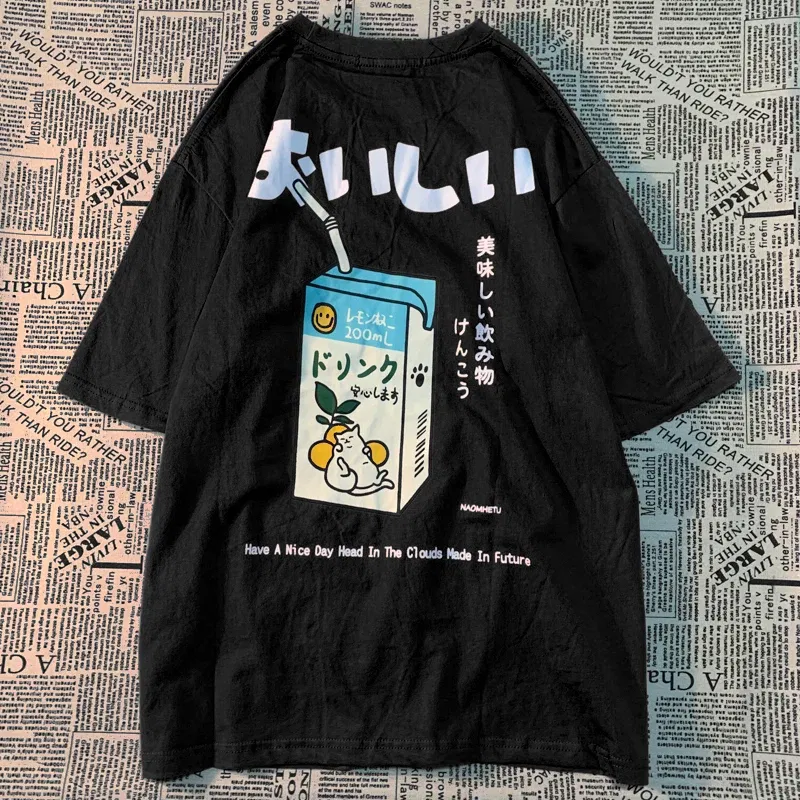 Color: black, Size: S - Cute Japanese Cat Print Oversized T-shirt men Women Short Sleeve Loose Casual Tee Shirt Streetwear Tops Cotton Harajuku Clothing