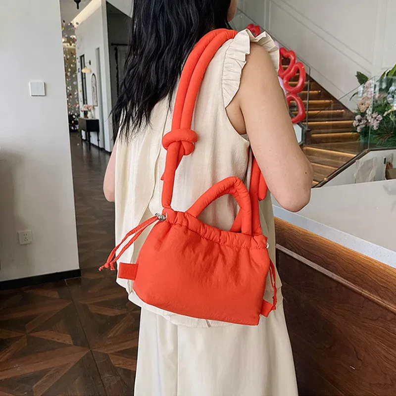 Color: Gold - Fashion Small Puffer Tote Bag Padded Women Shoulder Bags Nylon Down Cotton Crossbody Bag Mini Lady Handbags Underarm Bag