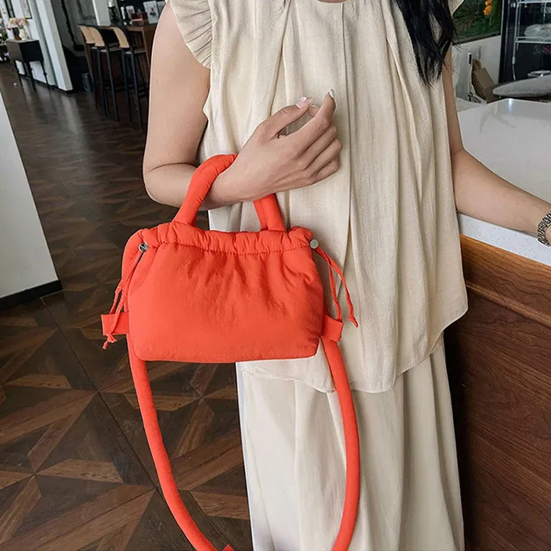 Color: Gold - Fashion Small Puffer Tote Bag Padded Women Shoulder Bags Nylon Down Cotton Crossbody Bag Mini Lady Handbags Underarm Bag
