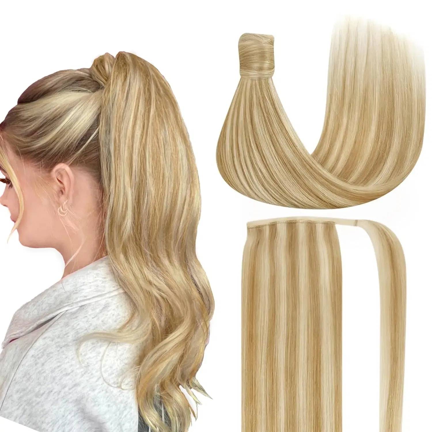 Color: T1B/Red, Life Span: 6 Months With Proper Care, Stretched Length: 18inches - VeSunny Human Hair Ponytail Light Blonde Mix Golden Blonde Real Hair Ponytail Extension Highlights Blonde Ponytail Hair 80g