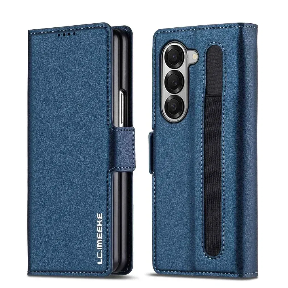Color: Blue, Compatibility by Model: Galaxy Z Fold6 - Premium Leather Phone Case for Samsung Galaxy Z Fold 7 6 5 4 3 Fold6 Fold5 Fold4 5G with Pen Holder Wallet Flip Phone Cover