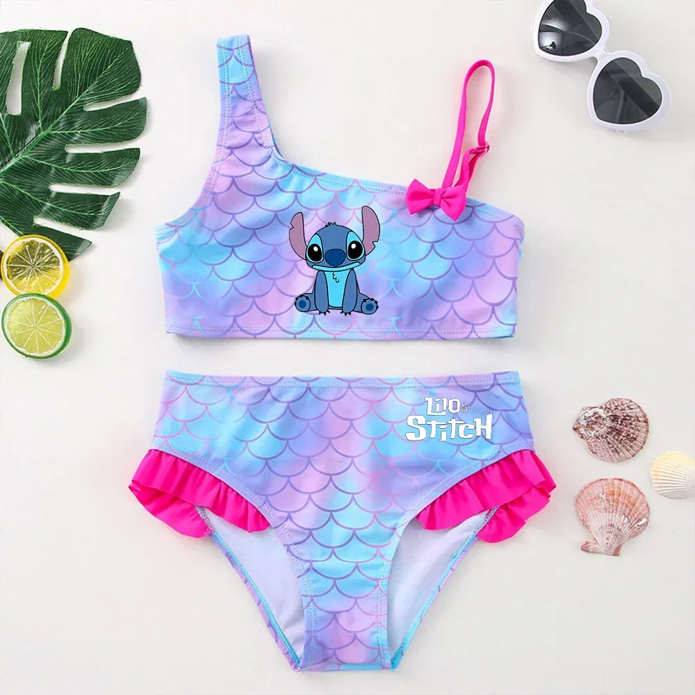 Color: Lavender, Size: S - Lilo Stitch Girls Tankini Swimsuits Summer Beach wear Children Kids Wear Bathing Suits Two-pieces Bikini Dresses Fashion