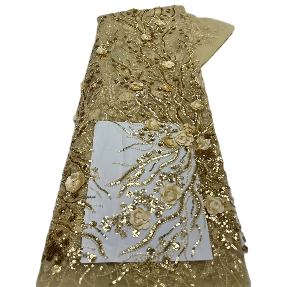 Color: BROWN, Length: 5 yards, Width: 120cm - 2.5 yards African Sequins Beaded Groom Lace Fabric High Quality French Tulle Lace Fabric Embroidery Nigerian Lace Fabrics Sewing