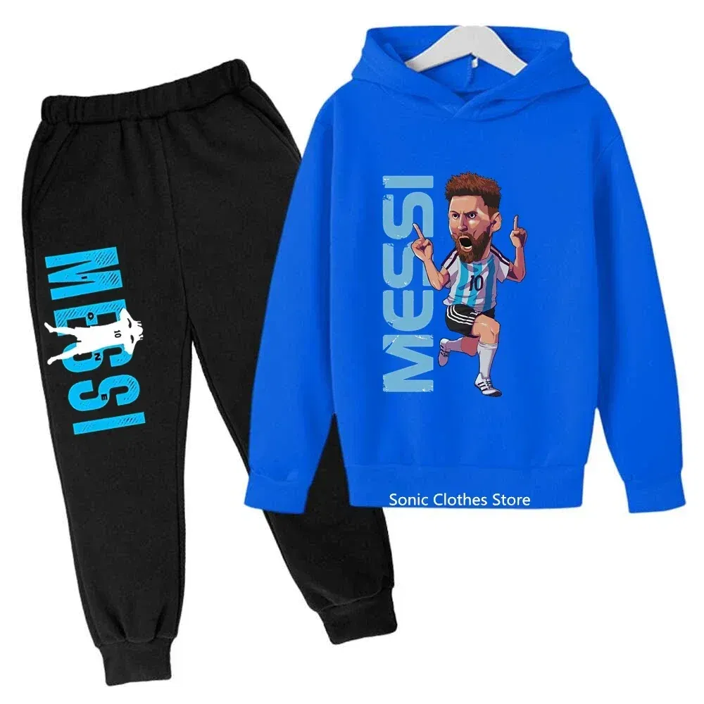 Color: Khaki, Kid Size: 4 - messi avatar printed children's clothing children's autumn and winter hoodies pants 2-piece casual boys and girls suits