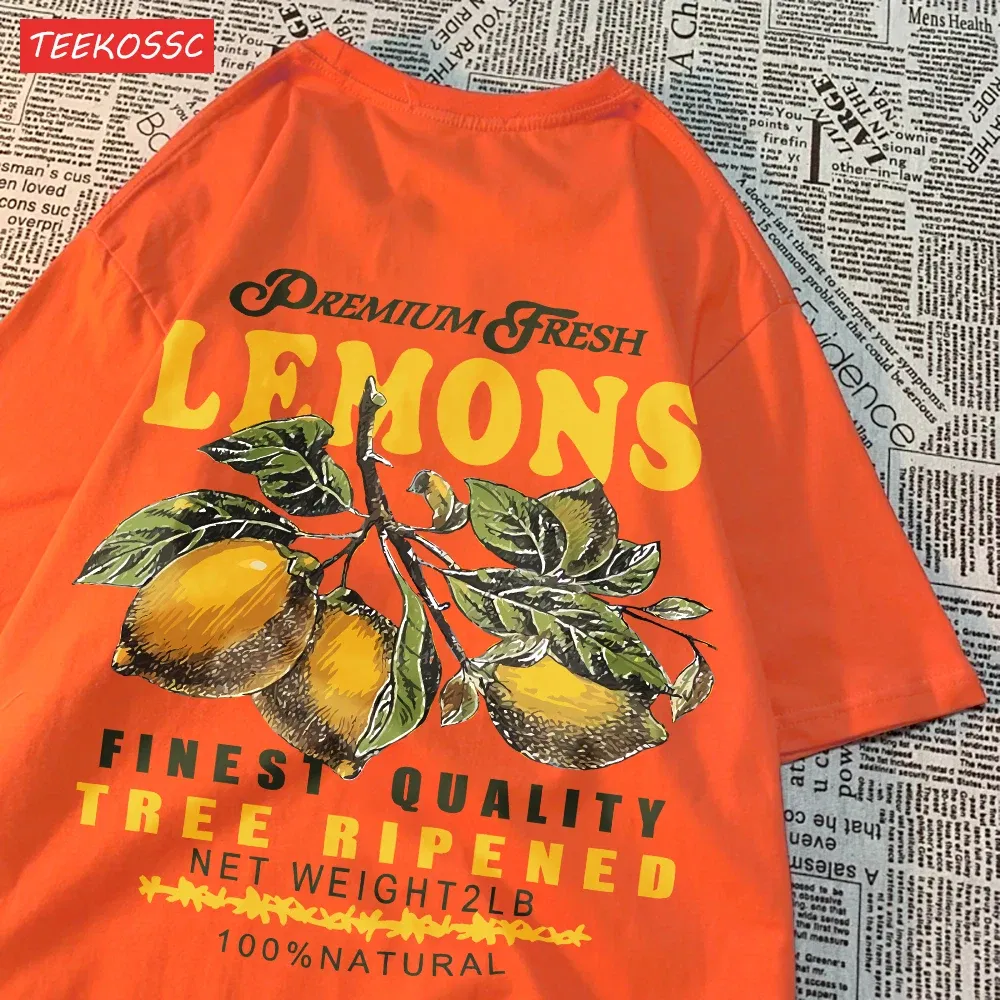 Color: Lake Blue, Size: S - Summer Lemon Cherries Prints T-Shirts Cotton Women's Tops Oversize O-Neck Soft Short Sleeve tees Street Casual Womans Clothes