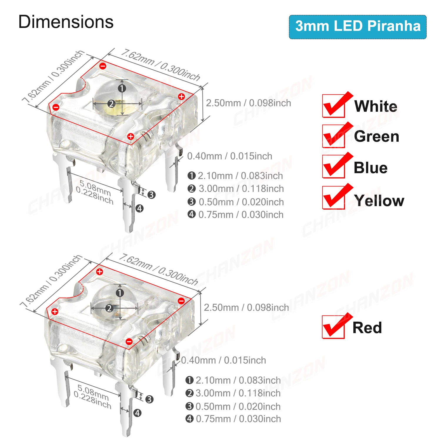 Color: Red, Ships From: CHINA - 100Pcs 3mm 5mm Led Diode Piranha Super Flux Round Flat Top White Red Green Blue Yellow Superflux Lights Emitting PCB Lamp Bulb