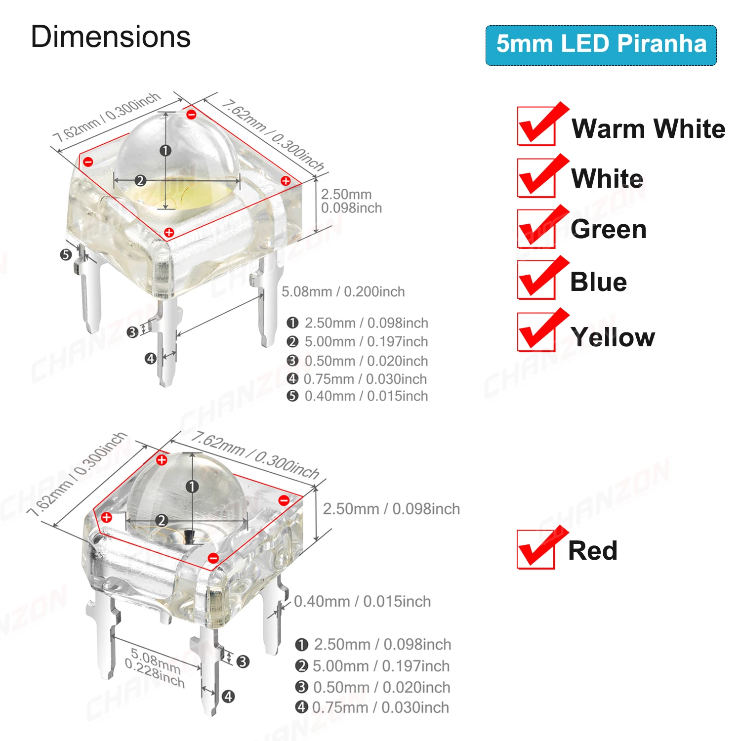 Color: Red, Ships From: CHINA - 100Pcs 3mm 5mm Led Diode Piranha Super Flux Round Flat Top White Red Green Blue Yellow Superflux Lights Emitting PCB Lamp Bulb