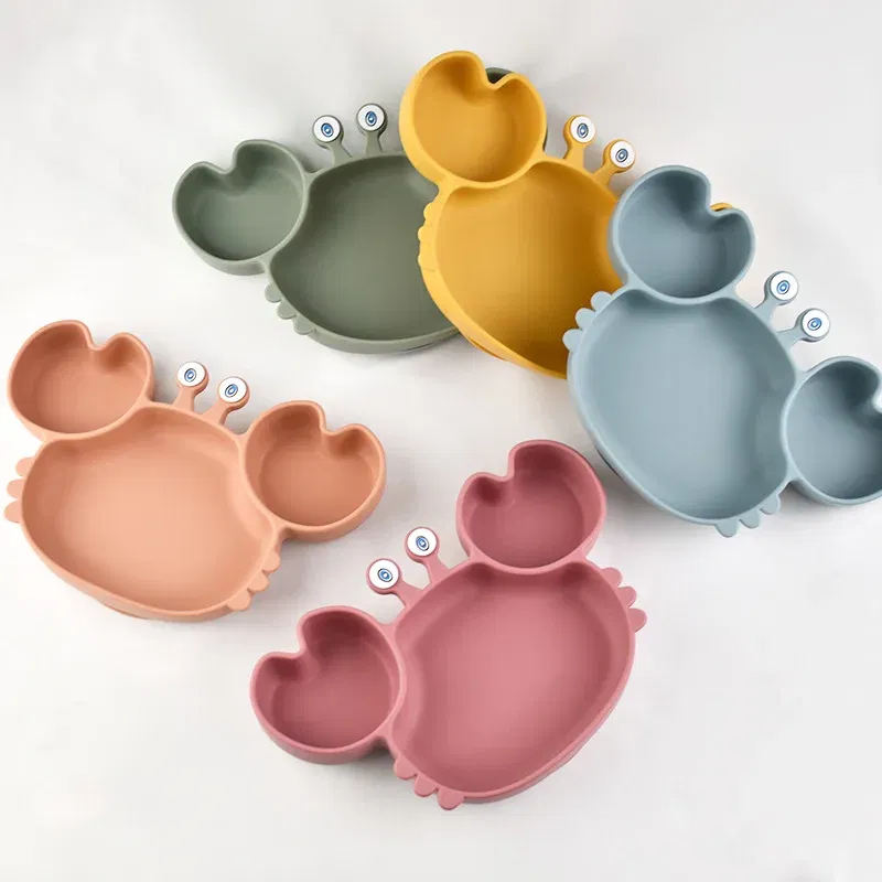 Color: Yellow, Ships From: CHINA - Baby Bowls Plates Fork spoon Set Silicone Suction Feeding Food Tableware BPA Free Non-Slip Baby Dishes Crab Food Feeding Bowl