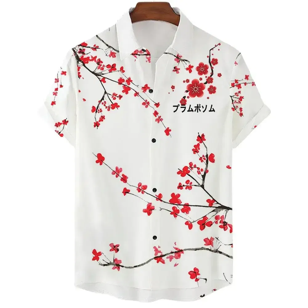 Color: Khaki, Size: XXXL - Fashionable Luxury Social men's Shirt Lapel button-down Shirt Casual Japanese Aesthetic Cherry Blossom Print short-sleeved Tops