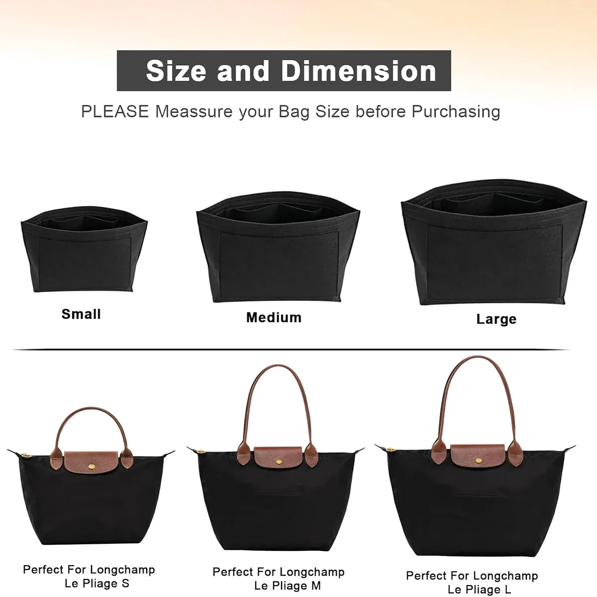 Color: Gold - Felt Purse Organizer Insert for Longchamp Le Pliage S/ML Handbag Insert
