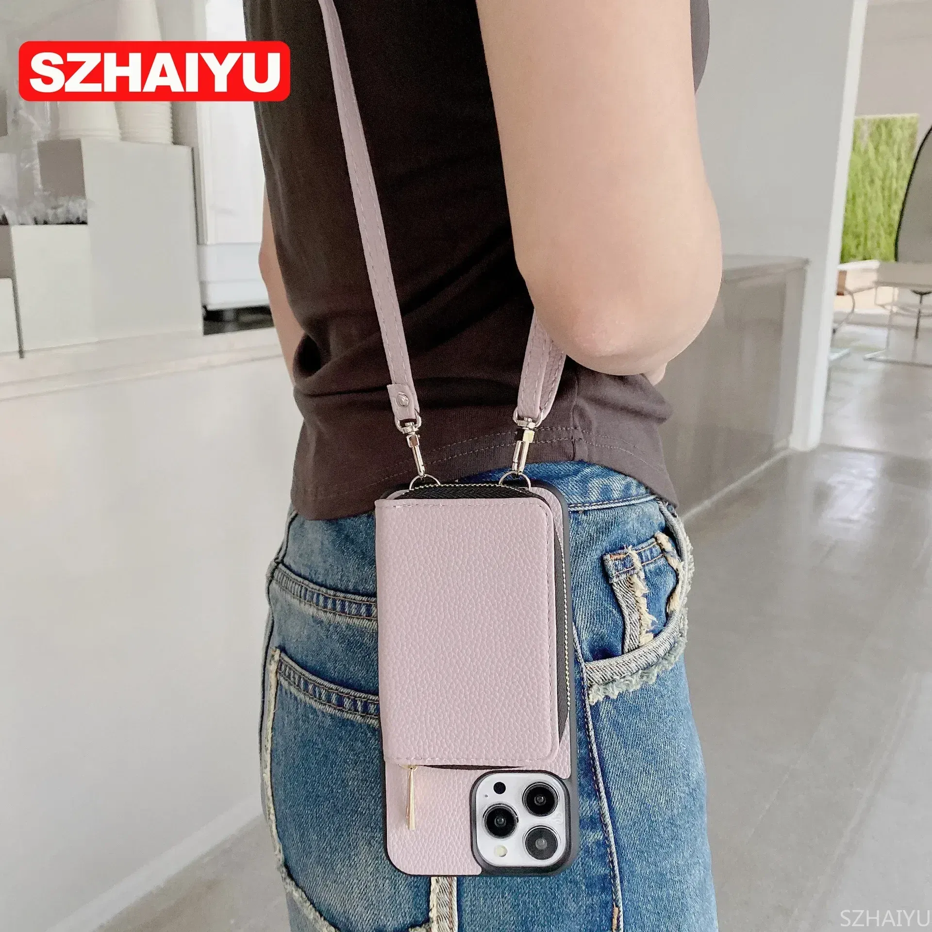 Material: tpu, Color: Beige - Zipper Wallet Phone Case For iPhone 16 15 14 13 12 Mini 11 Pro XS Max X Plus Card Slot Holder Crossbody Lanyard Leather Cover