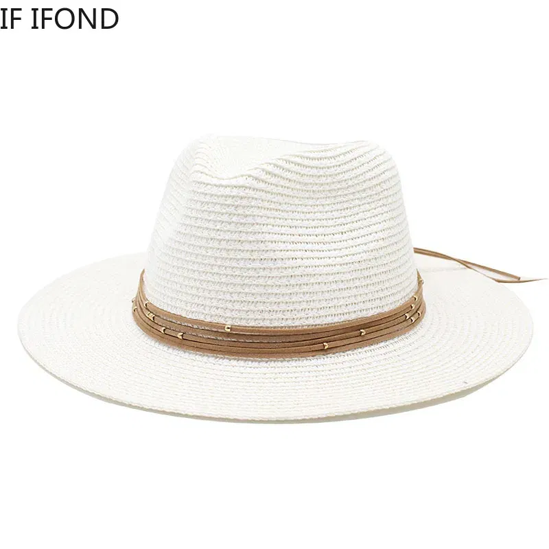 Color: PURPLE, Size: L - Big Size 60CM New Straw Hat 7cm Brim Summer Cooling Beach Sun Hat Outdoor Party Panama Jazz Hat Sombreros De Mujer