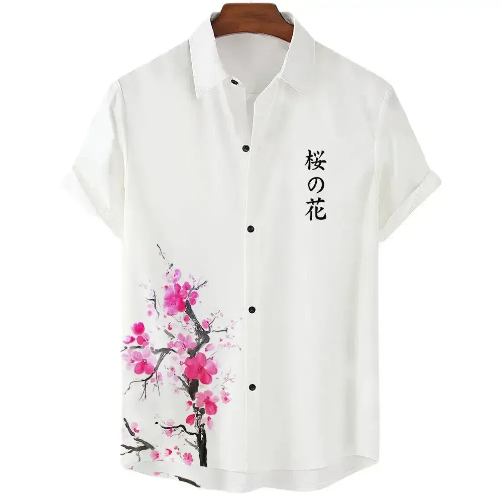 Color: Dark Grey, Size: XXXL - Fashionable Luxury Social men's Shirt Lapel button-down Shirt Casual Japanese Aesthetic Cherry Blossom Print short-sleeved Tops