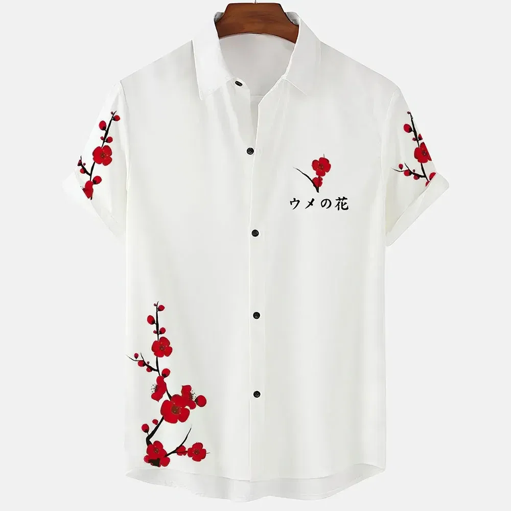 Color: Dark Grey, Size: XXXL - Fashionable Luxury Social men's Shirt Lapel button-down Shirt Casual Japanese Aesthetic Cherry Blossom Print short-sleeved Tops