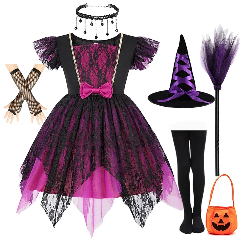 Color: MULTI, Kid Size: 2T - Halloween Witch Tutu Dress for Girls Handmade Mesh Bat Wizard Cosplay Costumes with Hat Broom Toddler Evil Party Clothes Set