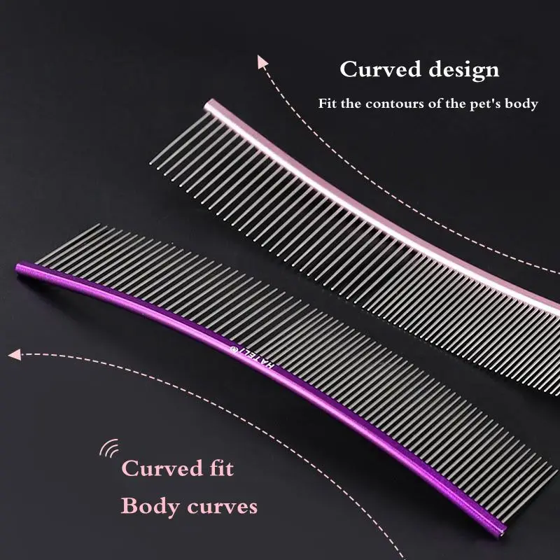 Color: GRAY, Size: XS - Pet Curved Comb Stainless Steel Combs Professional Pet Grooming Comb Dense Sparse Teeth Dog Cat Cleaning Brush Open Knot Comb