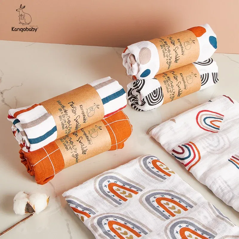 Color: plum - Kangobaby New Design 2pcs Set Double Layers 100% Cotton Newborn Baby Muslin Swaddle Blanket