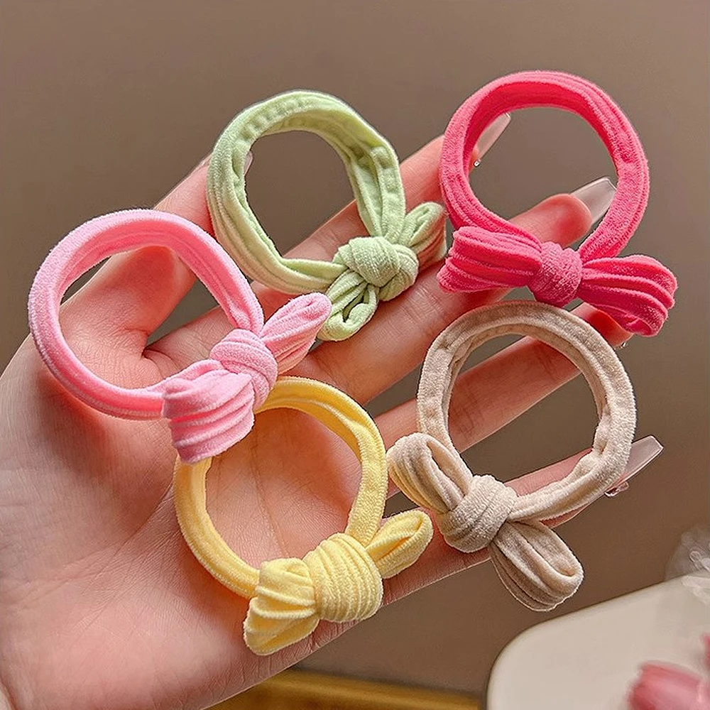 Color: GRAY - 5pcs/Set Candy Color Bow Hair Rope High Elastic Seamless Rubber Band For Women Girls Ponytail Holder Summer BB Hair Ties Ring