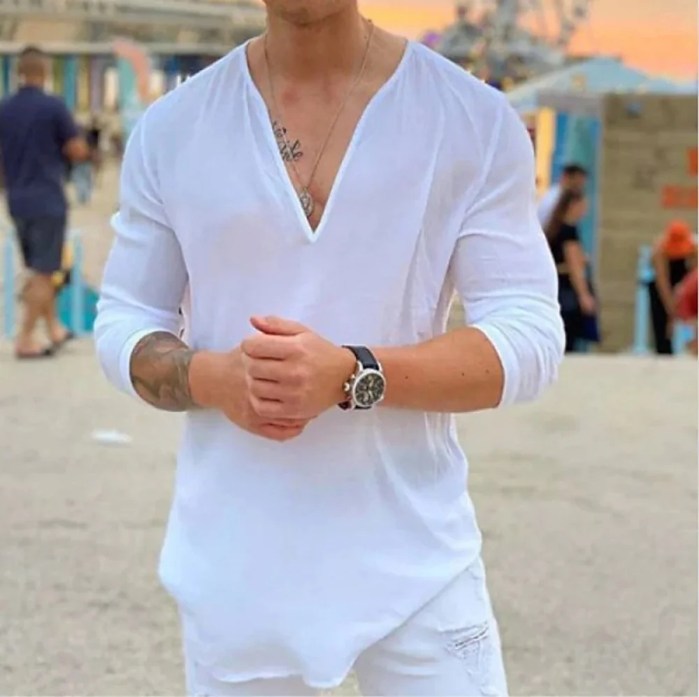 Color: Brown, Size: XXL, Ships From: CHINA - New men's Casual Shirt Trend Fashion V-Neck Loose Street Style Solid Color Long-Sleeved Pullover Spring And Autumn Tops