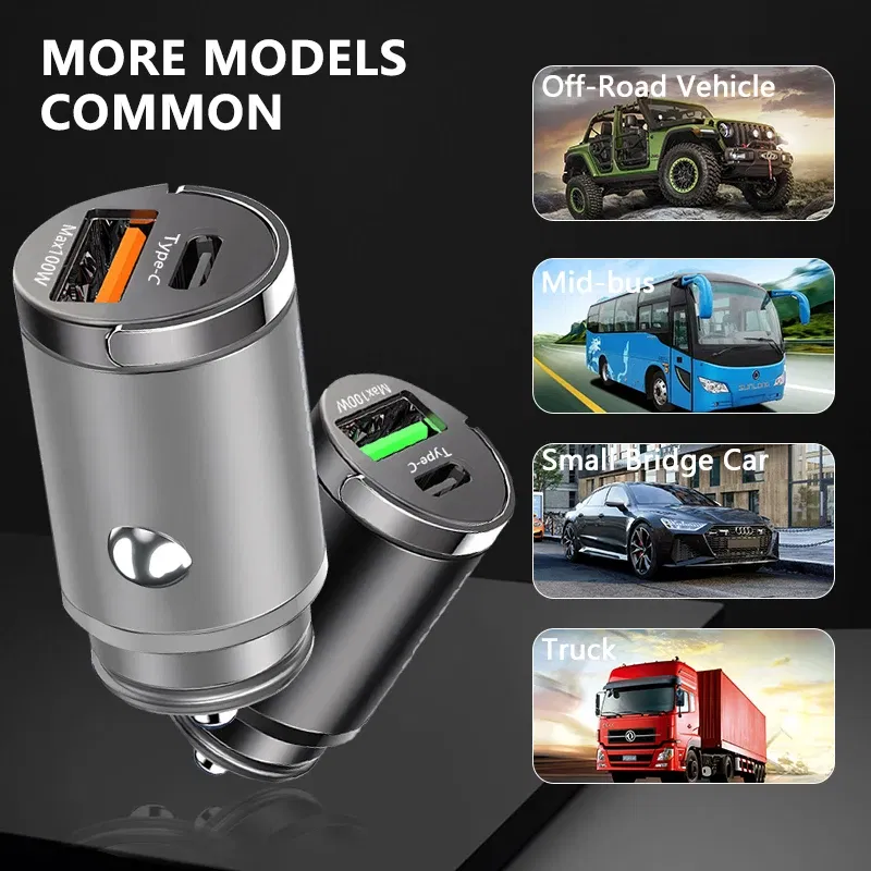 Plug Type: US - Mini 100W USB Car Charger Dual Ports Pull Ring Fast Charge Type C PD Car Adapter For iphone Samsung Huawei Xiaomi iPad