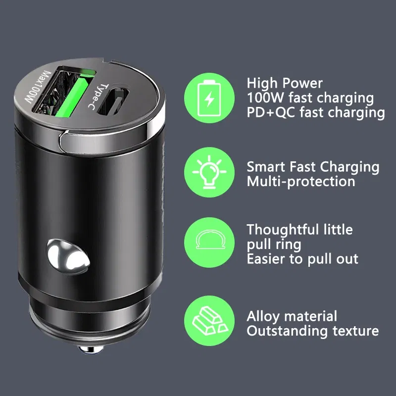 Plug Type: US - Mini 100W USB Car Charger Dual Ports Pull Ring Fast Charge Type C PD Car Adapter For iphone Samsung Huawei Xiaomi iPad