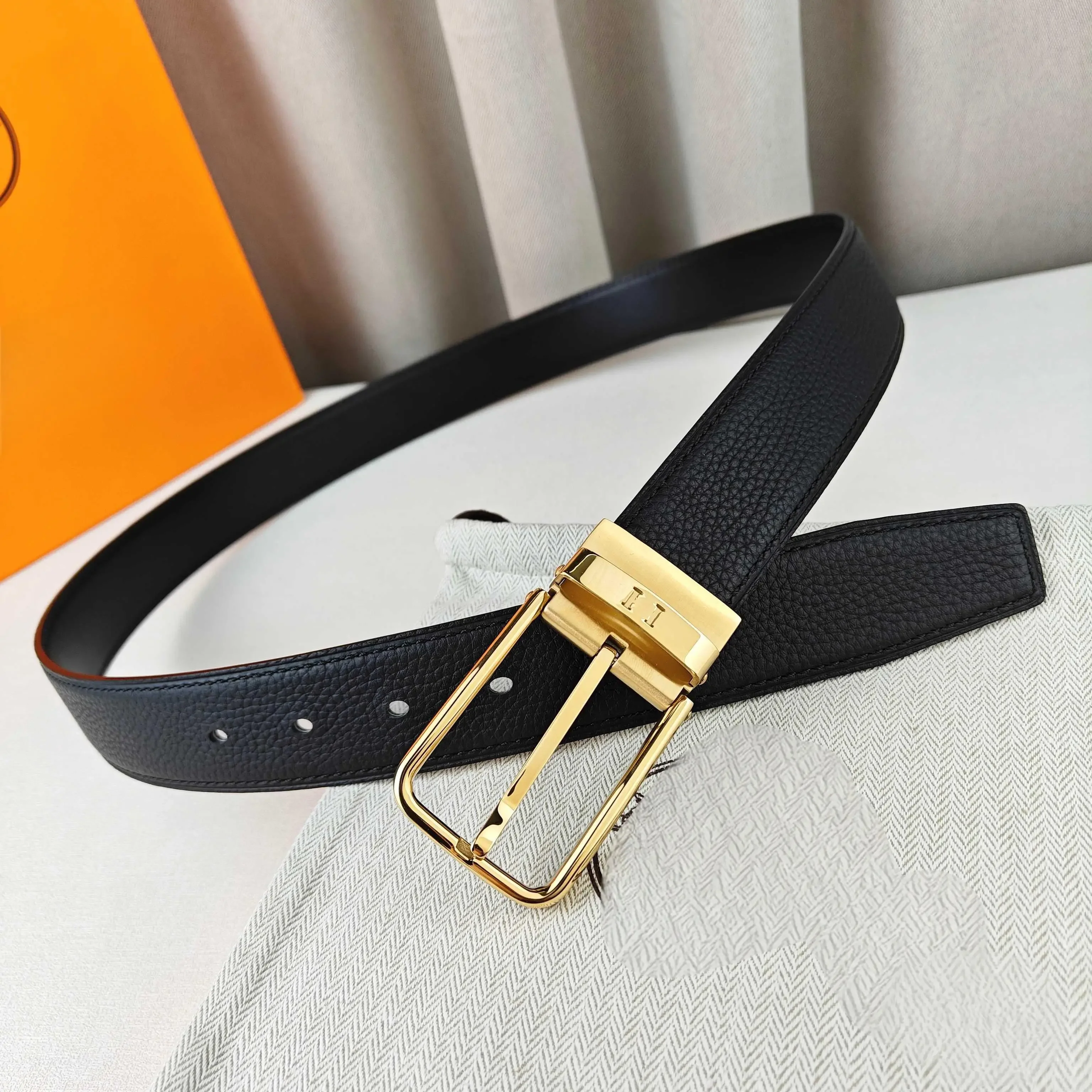 Color: Gold - Light Luxury Style Pin Buckle Belt Top Quality First Layer Cowhide Black Lychee Surface Luxury Gift Men's High-end Belt