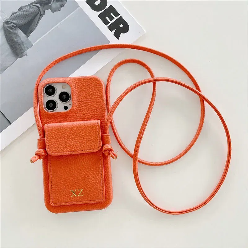 Color: Orange, Material: Nylon - Personalized Gold Silver Letters Leather PU Card Holder Lanyard Hard Case For iPhone 14 13 12 11 15 Pro Max XS XR 16 Plus Cover