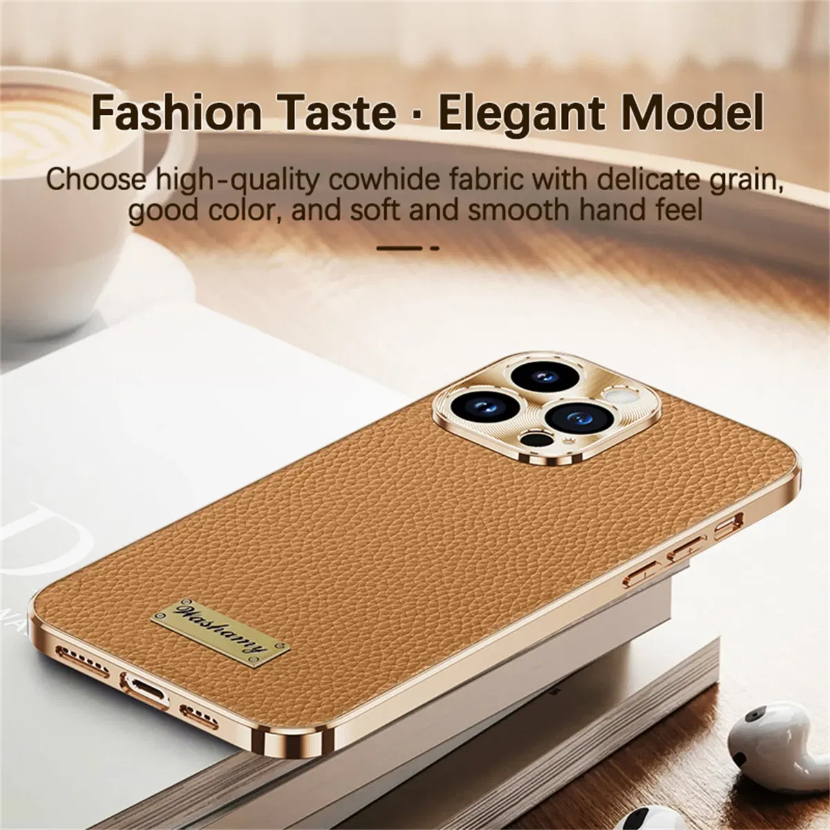 Color: Brown, Compatible-Phone Models: For iPhone 13 Pro - Luxury Genuine Leather Phone Case For iPhone 15 14 13 Pro Max Plating Soft Silicone Frame Shockproof Cover For iPhone 16 Pro Max