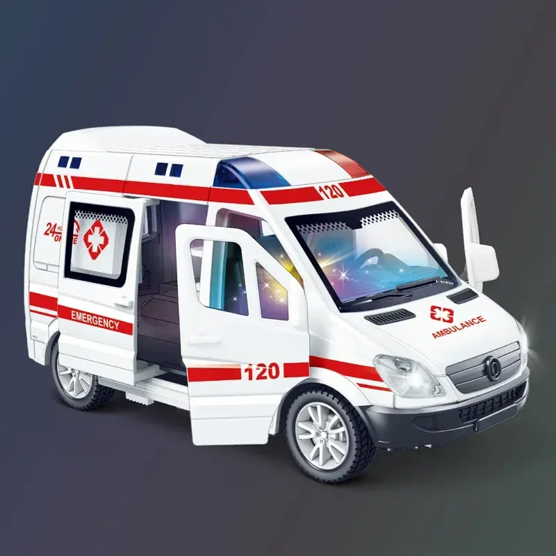 Color: light green - 1:32 Mini Car Diecast Ambulance Fire-Truck Policecar Model Sound And Light Vehicle Simulation Collection Gifts Toys Boys