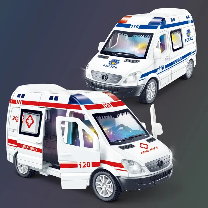 Color: light green - 1:32 Mini Car Diecast Ambulance Fire-Truck Policecar Model Sound And Light Vehicle Simulation Collection Gifts Toys Boys