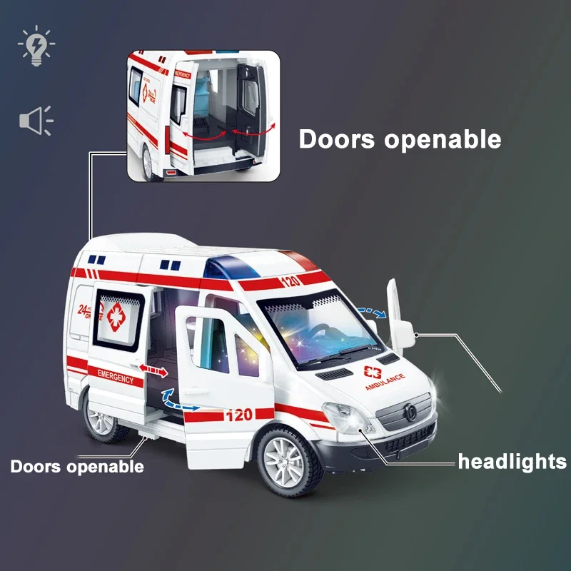 Color: light green - 1:32 Mini Car Diecast Ambulance Fire-Truck Policecar Model Sound And Light Vehicle Simulation Collection Gifts Toys Boys
