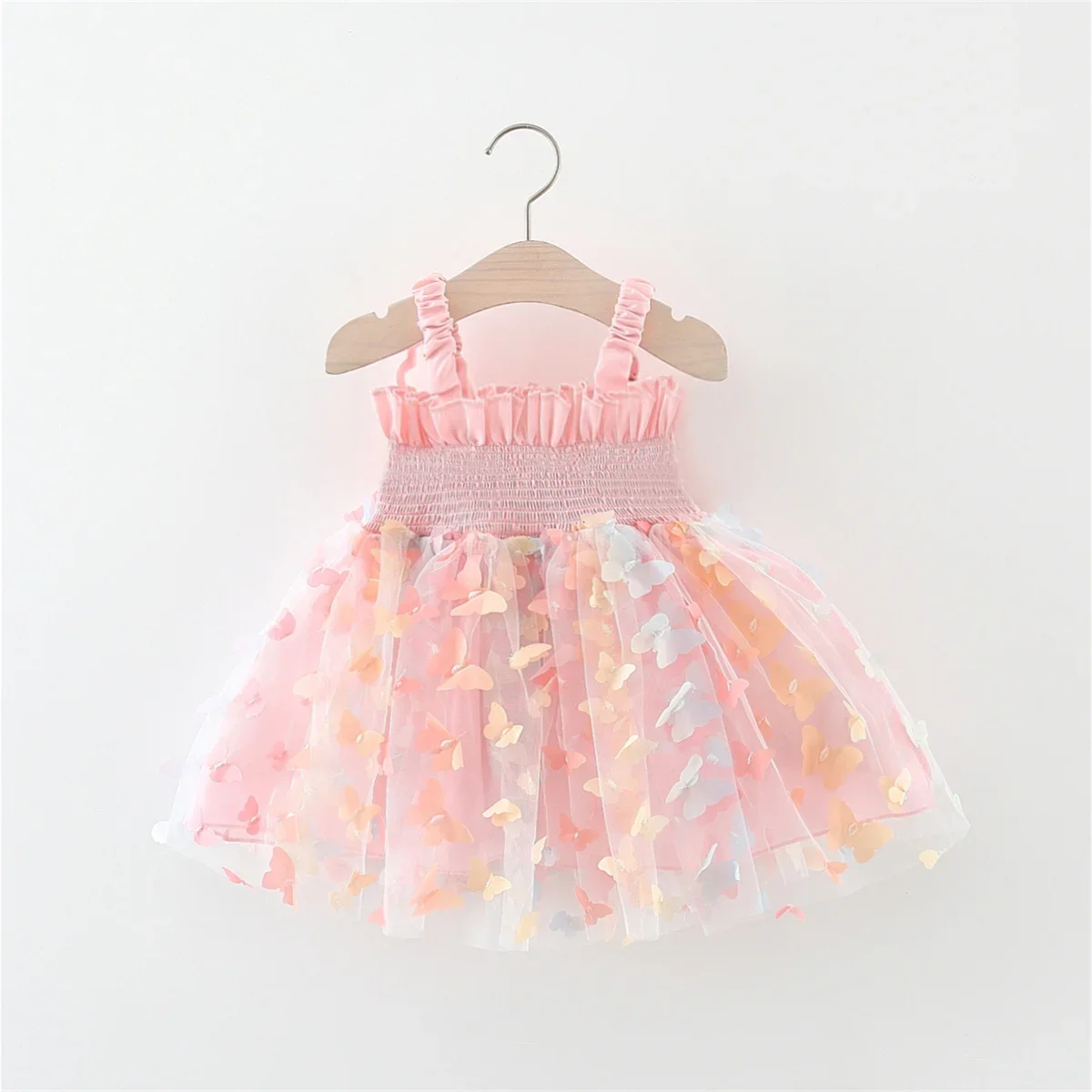 Color: Pink, Kid Size: 12M - New Summer Baby Girl Dress Halter Butterfly Back Wings Fantasy Princess Dress Sweet Birthday Party Team Dress