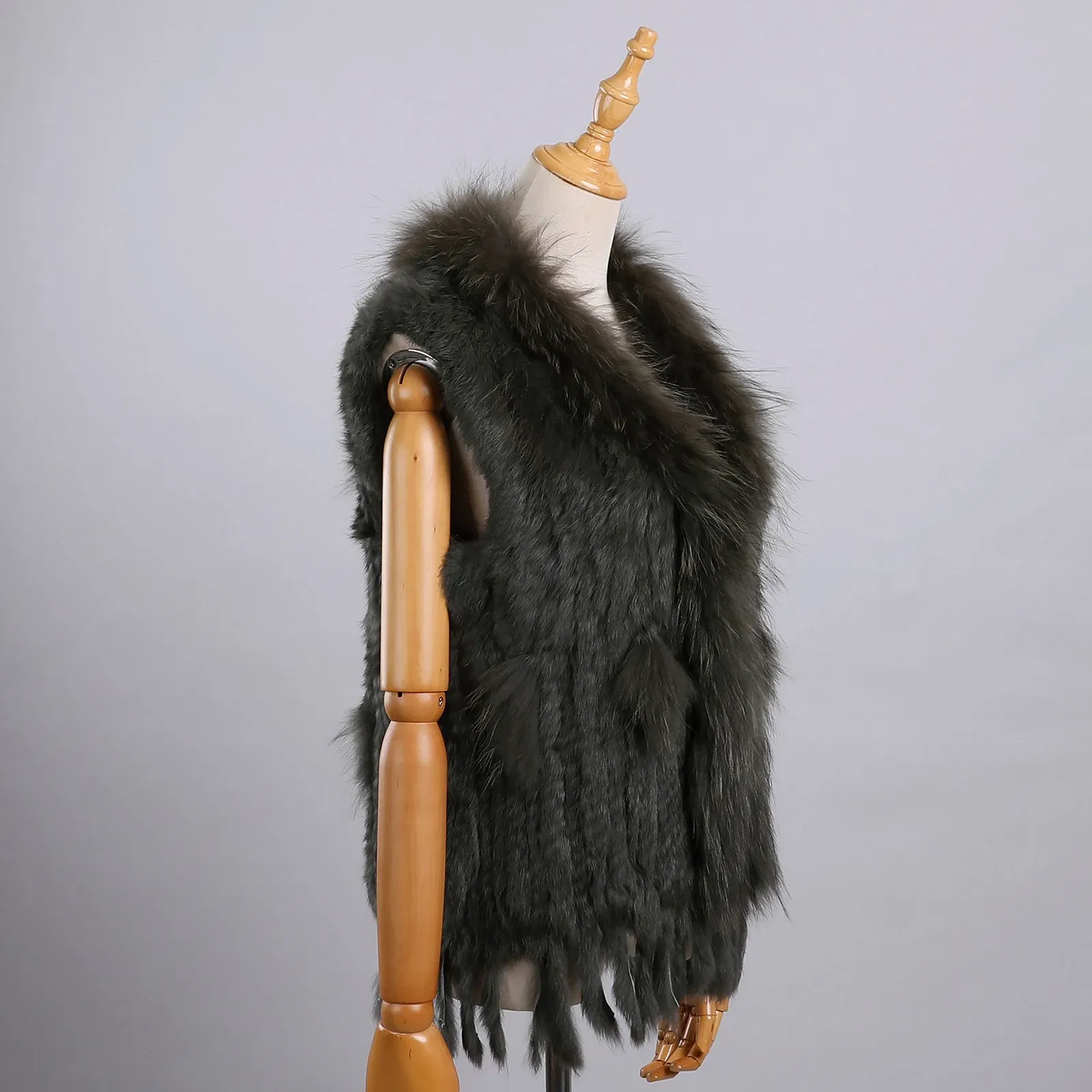Color: army green, Size: S - Luxury Women's Genuine Premium Long Hair Rabbit Fur Knit Vest Raccoon Fur Trim Gilet Lady Sleeveless Waistcoat Real Fur Jacket