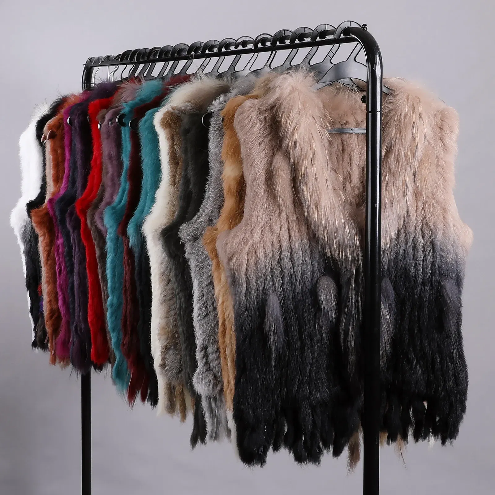 Color: army green, Size: S - Luxury Women's Genuine Premium Long Hair Rabbit Fur Knit Vest Raccoon Fur Trim Gilet Lady Sleeveless Waistcoat Real Fur Jacket