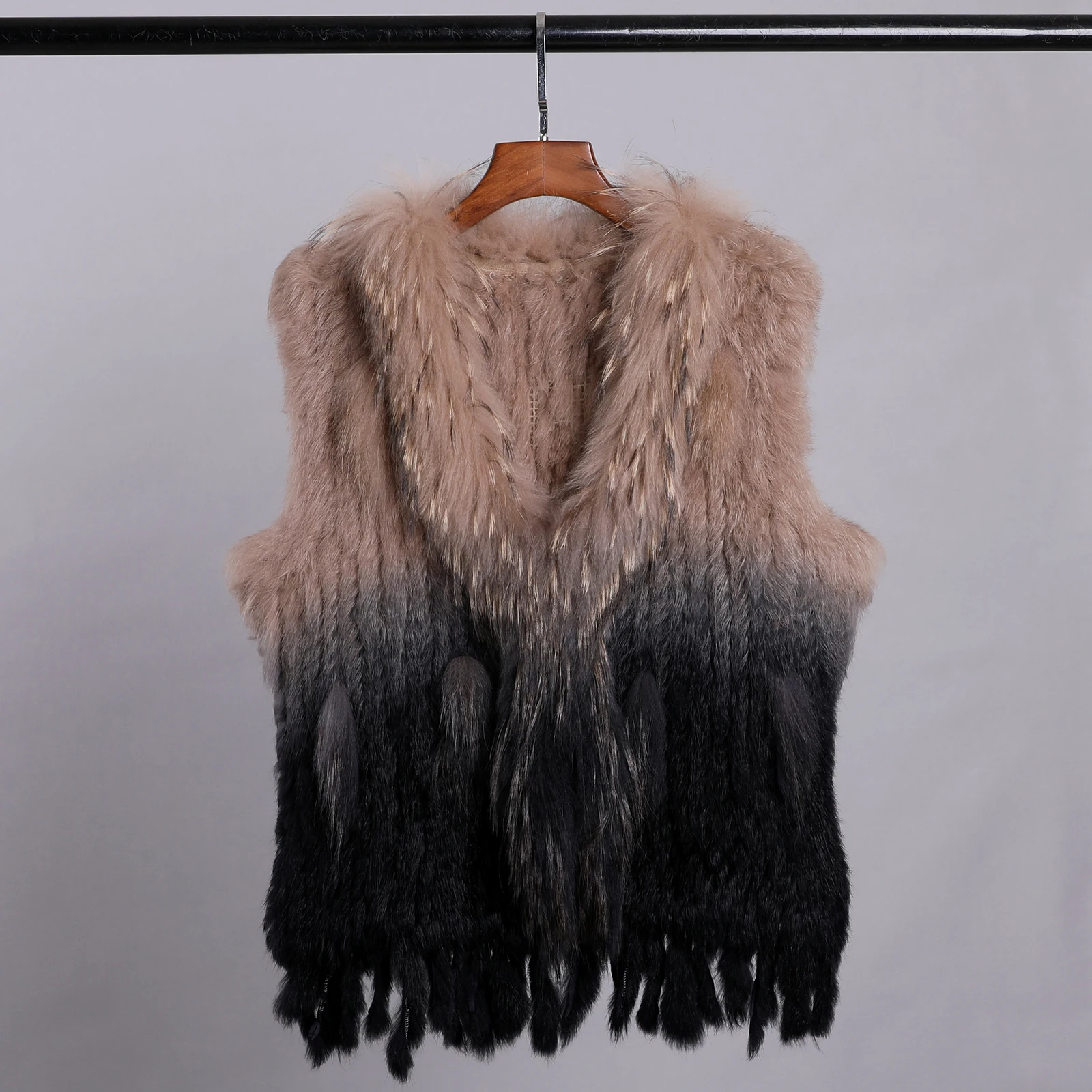 Color: army green, Size: S - Luxury Women's Genuine Premium Long Hair Rabbit Fur Knit Vest Raccoon Fur Trim Gilet Lady Sleeveless Waistcoat Real Fur Jacket