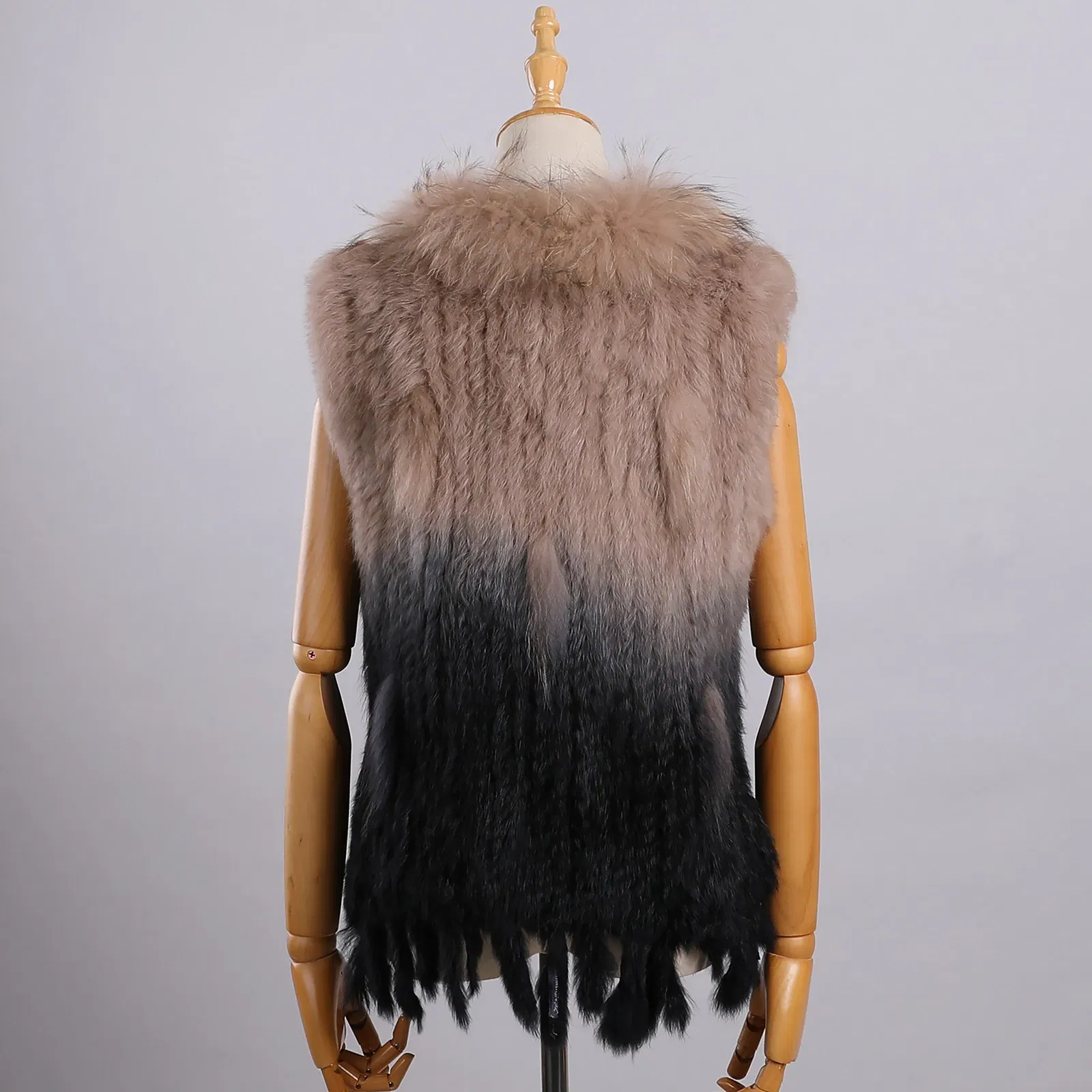 Color: army green, Size: S - Luxury Women's Genuine Premium Long Hair Rabbit Fur Knit Vest Raccoon Fur Trim Gilet Lady Sleeveless Waistcoat Real Fur Jacket