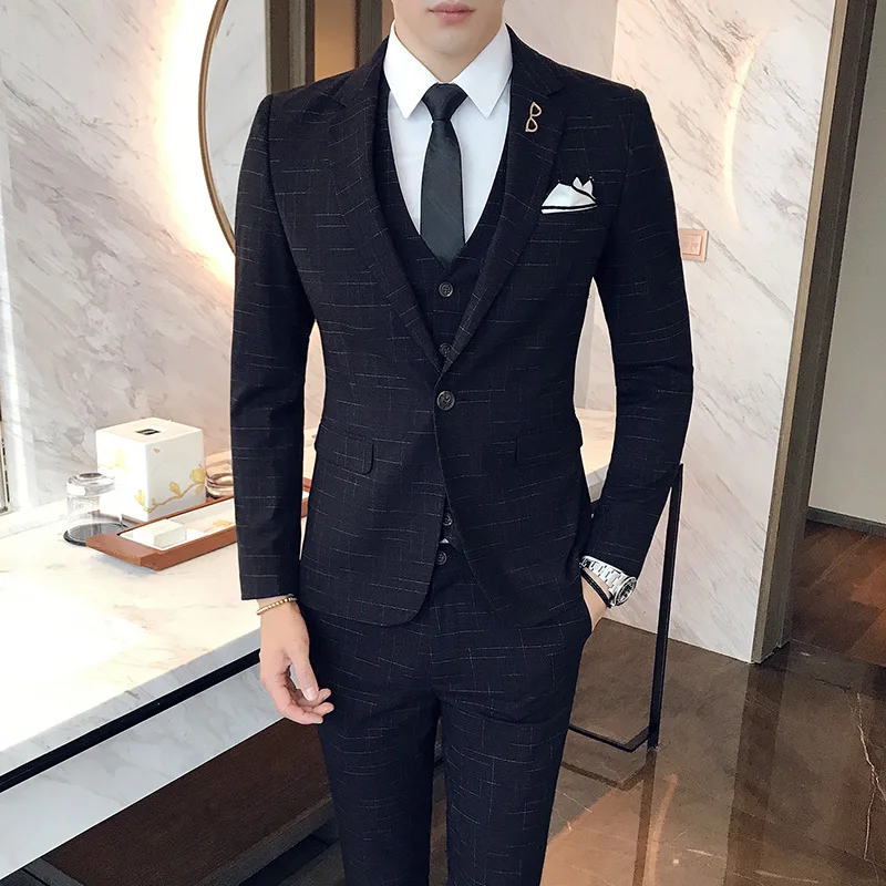 Color: GRAY, Size: 4XL - Gray Men Classic Striped/Checked Suits, Business Office 3 Piece, Asian Size Slim Fit Men Dress Jacket & Pants with Vest, S-4XL