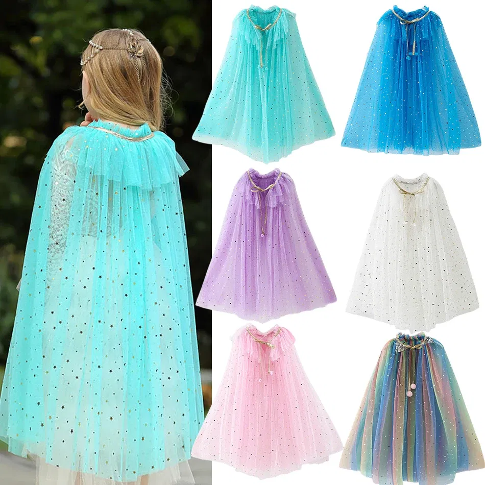 Color: Pink, Kid Size: 3T - Little Girls Sequins Tulle Cape Children Princess Party Dress Up Cloaks Summer Thin Blue Pink White Halloween Birthday Costumes