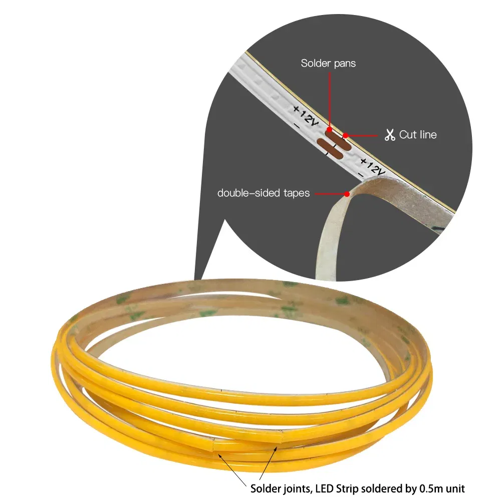 Emitting Color: Sky blue, Color: Yellow, Length: 0.5m - 2.7mm Ultra Slim COB LED Strip Lights 480LEDs/m Flexible Linear Light Tape Diode Ribbon Backlight Red Amber Purple Car Dimmable