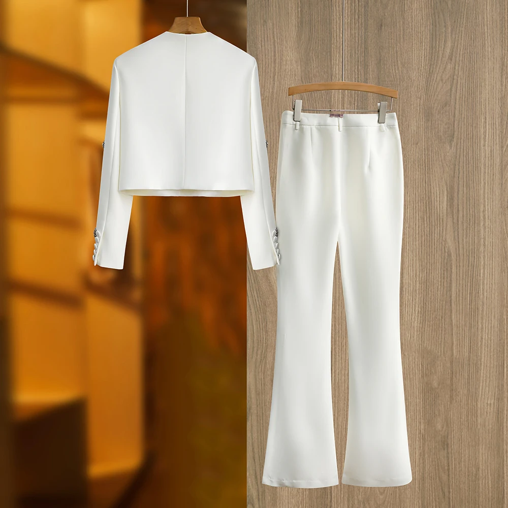 Color: black, Size: XL, Ships From: CHINA - Luxury Design Handmade Spark Rhinestone Women 2PCS Pants Suits Short Jacket Wide-leg Trousers High Street White Twin Sets