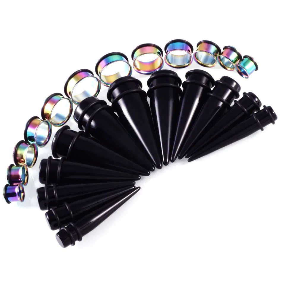 Metal color: ROSE GOLD COLOR - 24pcs/lot Acrylic Septum Stretching Kit Sector Expander Stainless Steel Ear Stretching Kit 10mm to 20mm Ear Plugs and Tunnels